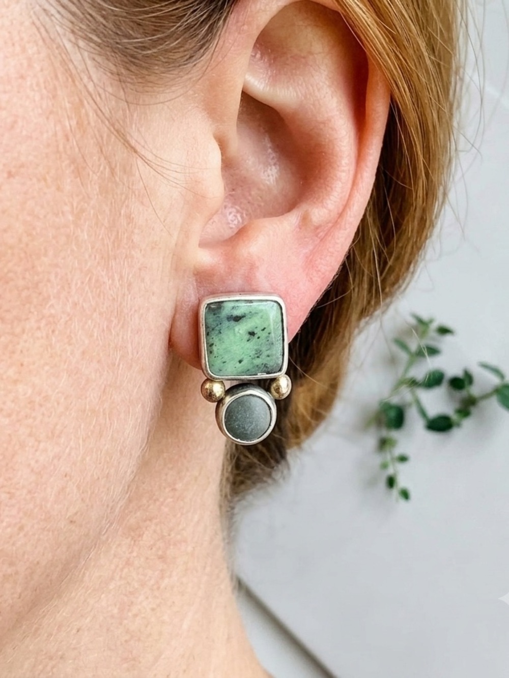 Natural nephrite Jade Earrings in Sterling Silver 925 & 14K Gold Accents - Picture 2 of 8